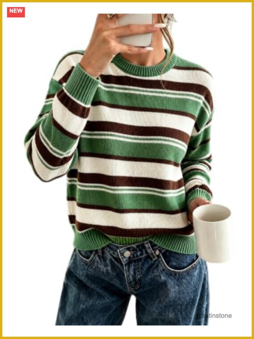 Women's Crew Neck Long Sleeve Striped Knit Sweater Loose Fit Pullover